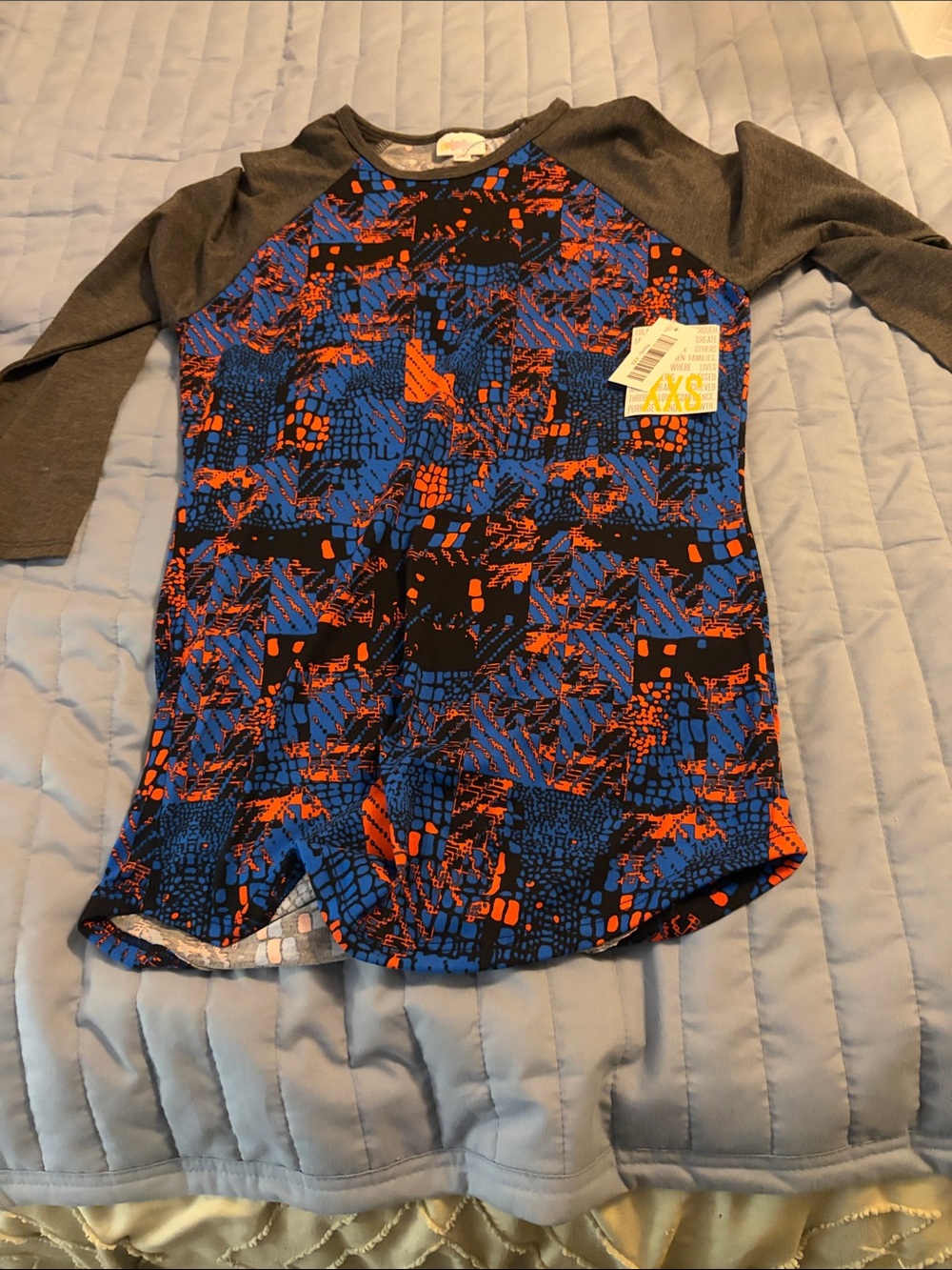 LuLaRoe Long Sleeve Tee in Blue, Orange & Charcoal Raglan